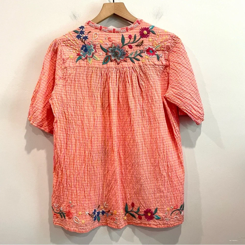 Johnny Was Olinda Embroidered Puff Sleeve Textured Blouse